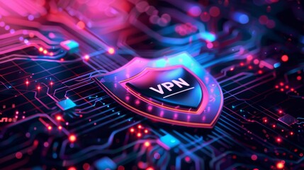 Poster - Advanced shield design representing online security and VPN technology with vibrant digital elements
