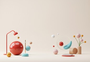 Wall Mural - abstract colorful 3d render with floating geometric shapes and pastel colors