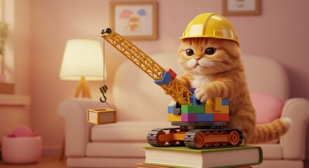 Poster - A fluffy orange tabby kitten wearing a yellow construction helmet operates a toy crane made of colorful blocks on a stack of books