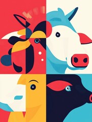 Fototapete - Stylish geometric illustration of cows, pigs, and chickens in vibrant colors with clean lines and modern design Generative AI