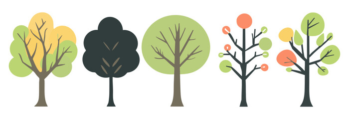 set of tree and leaf collection hand drawn flat design vector element. botanical set of bare trees a