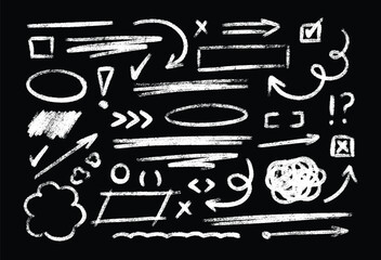 Poster - White chalk hand drawn design accents on blackboard - arrows, lines, circles, scribbles. Rough chalk borders, underlines to highlight text, draw attention. Freehand pencil stroke set on dark.