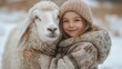 © SerPhoto - Girl smiling with sheep in snowy landscape, wearing cozy sweater and hat during winter afternoon