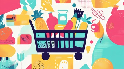Fototapete - Stylish abstract grocery shopping theme featuring geometric shapes and bold colors Generative AI