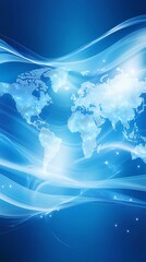Poster - Abstract World Map with Blue Swirling Waves and Digital Connections Representing Global Network and Technology