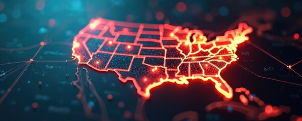 Leinwandbilder - Digital illustration United States map, highlighted in glowing red, representing cyber law, policy making. Dark blue background with connected lines, data points creates hi-tech global tech networks.