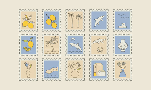 A modern vector-style illustration featuring a collection of hand-drawn postage stamps with minimalist line art, easily editable.