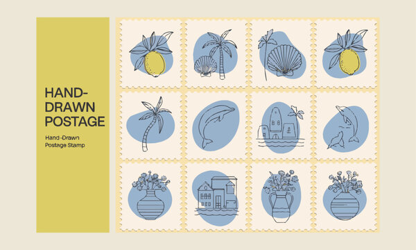A modern vector-style illustration featuring a collection of hand-drawn postage stamps with minimalist line art, easily editable.