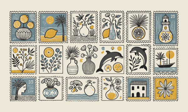 A modern vector-style illustration featuring a collection of hand-drawn postage stamps with minimalist line art, easily editable.