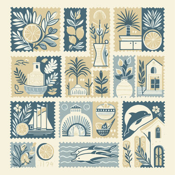 A modern vector-style illustration featuring a collection of hand-drawn postage stamps with minimalist line art, easily editable.