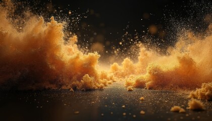 Poster - Sand particles explosion on black background. Burst of sandy texture in dynamic motion. Energy, movement, scattering, particle, sandstorm grain, motion blur effect. Abstract background.
