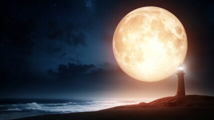 Wall Mural - a full moon rising over the ocean with a lighthouse in the foreground