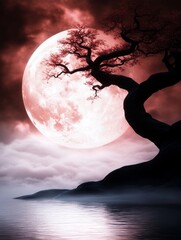 Wall Mural - a tree on a hill with a full moon in the background