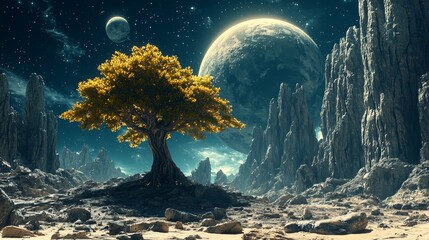 Wall Mural - a lone tree in the middle of a barren landscape with a full moon in the background