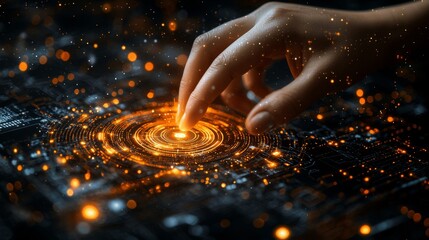 Wall Mural - a person's hand touching a glowing circle on a circuit board