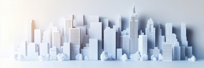 Poster - Stunning layered cut paper city skyline with soft lighting and modern architectural details creating dynamic urban perspective Generative AI