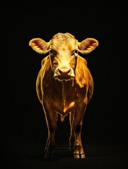 Poster - Luxurious golden cow illuminated against deep black background showcasing elegance and premium quality in a high-contrast setting Generative AI