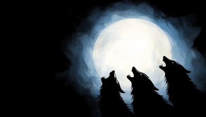 Wall Mural - a group of three wolves howling at the moon