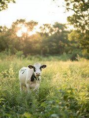 Aufkleber - Joyful dairy cow enjoying warm sunlight in a lush green meadow during a peaceful afternoon Generative AI
