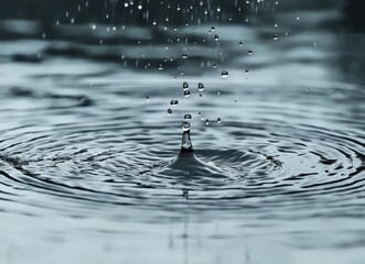 Poster - raindrops falling on water surface creating ripples and splashes