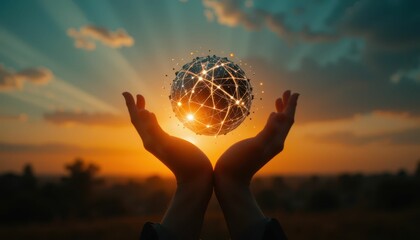 Poster - Hands Holding a Glowing Sphere Symbolizing Global Connectivity at Sunset