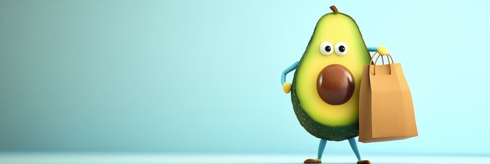 Poster - Humorous cartoon avocado enjoys grocery shopping with a playful grocery bag in a light pastel setting Generative AI