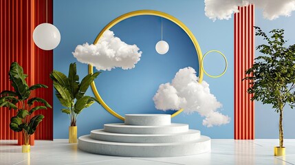Poster - Dreamy 3D-rendered floating clouds in an elegant blue setting with circular elements.