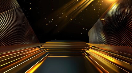 Poster - elegant gold diagonal light streaks glowing on a deep black background, premium design.
