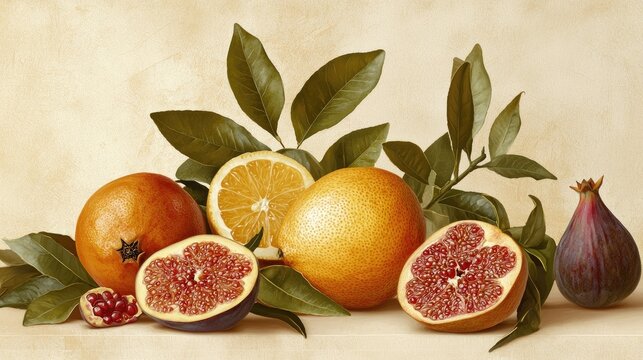 Elegant vintage botanical composition featuring citrus, figs, and pomegranates in soft sepia tones.