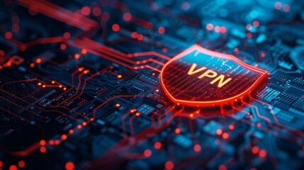 Poster - Online security concept with shield and VPN technology visualization on a digital circuit board