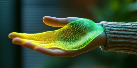Aufkleber - A human hand reaches out, showcasing a flowing pattern of green and yellow light. This image captures a blend of art and technology in a conceptual style. Ideal for creative projects. AI