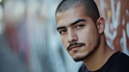 with a subtle mustache, a confident young latino brazilian man leans against a wall featuring an arr