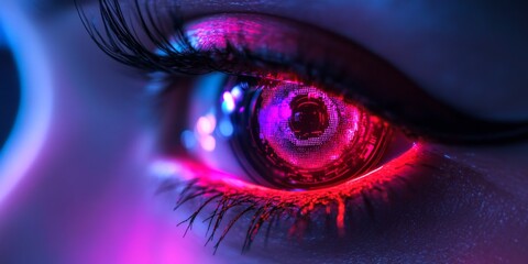 Aufkleber - A close-up view of a futuristic eye with vibrant neon colors. The intricate details convey a sense of realism and technology. Ideal for concepts involving AI or digital art. AI