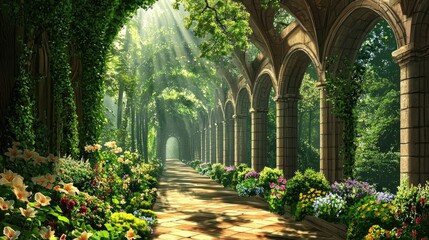 Wall Mural - enchanted walkway meandering through a peaceful, sunlit forest, perfect for a nature escape.