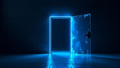 Open door on blue glitch background. illustration of neon lines on black backdrop with futuristic portal, computer system error, cyber security network, Information technology, generative ai