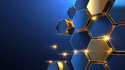 Poster - Geometric hexagonal technology background with modern 3D elements and bright energy flashes.