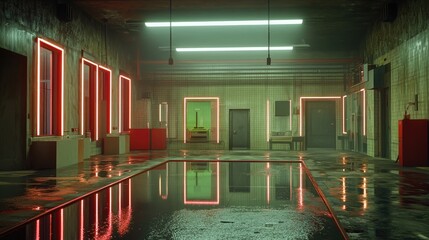 Poster - glowing neon rectangles forming an empty sci-fi scene, reflections shining on wet ground.