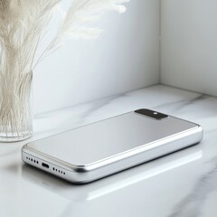 Aufkleber - Silver Smartphone on Marble Surface Next to Glass Vase with Decorative Grass, Minimalist and Clean Product Shot