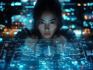 Woman analyzing data on screen.