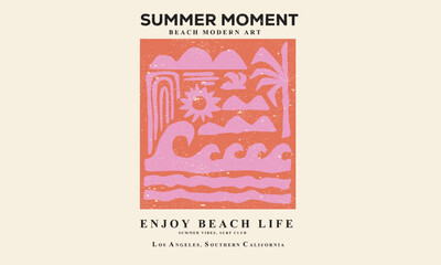 Wall Mural - Summer moment. Palm and sun artwork. Call of the sea. Beach modern abstract art. Summer vibes artwork. Beach vibes graphic print design.