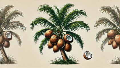 Poster - Coconut palm tree with ripe coconuts against a soft background enhances tropical landscape charm