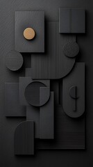 Poster - Abstract geometric shapes in dark gray, arranged in a complex composition, with a single pop of gold, creating a modern and minimalist aesthetic