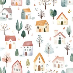 Aufkleber - Charming seamless watercolor baby pattern with cozy houses and dreamy pastel colors perfect for nursery decor Generative AI