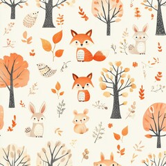 Poster - Woodland baby pattern featuring cute foxes, deer, owls, and rabbits with watercolor trees in warm autumn colors Generative AI
