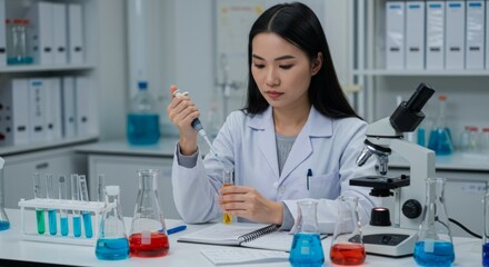 Wall Mural - scientist conducting laboratory experiment with test tubes and microscope