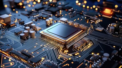Poster - High-tech electronic components interconnected on a motherboard, illuminated with a blue cyber glow.