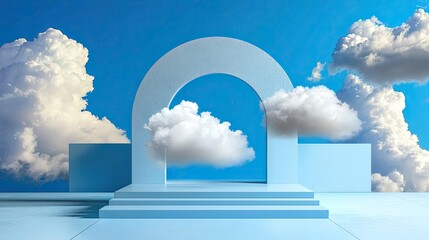 Wall Mural - minimalist blue background with floating fluffy white clouds surrounding a circular shape.