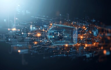Poster - Advanced technological data processing.  Complex circuitry and digital interface