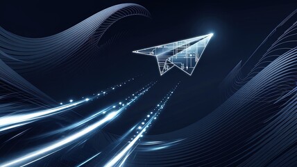 Poster - Soaring Ambition: A striking digital image of a paper airplane composed of interconnected lines, symbolizing innovative concepts. It’s set against a flowing, dark backdrop with trails.