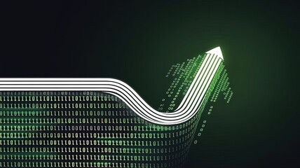 Poster - Data Ascent: An abstract digital illustration of a rising arrow composed of binary code, symbolizing growth, progress, and the increasing importance of data.